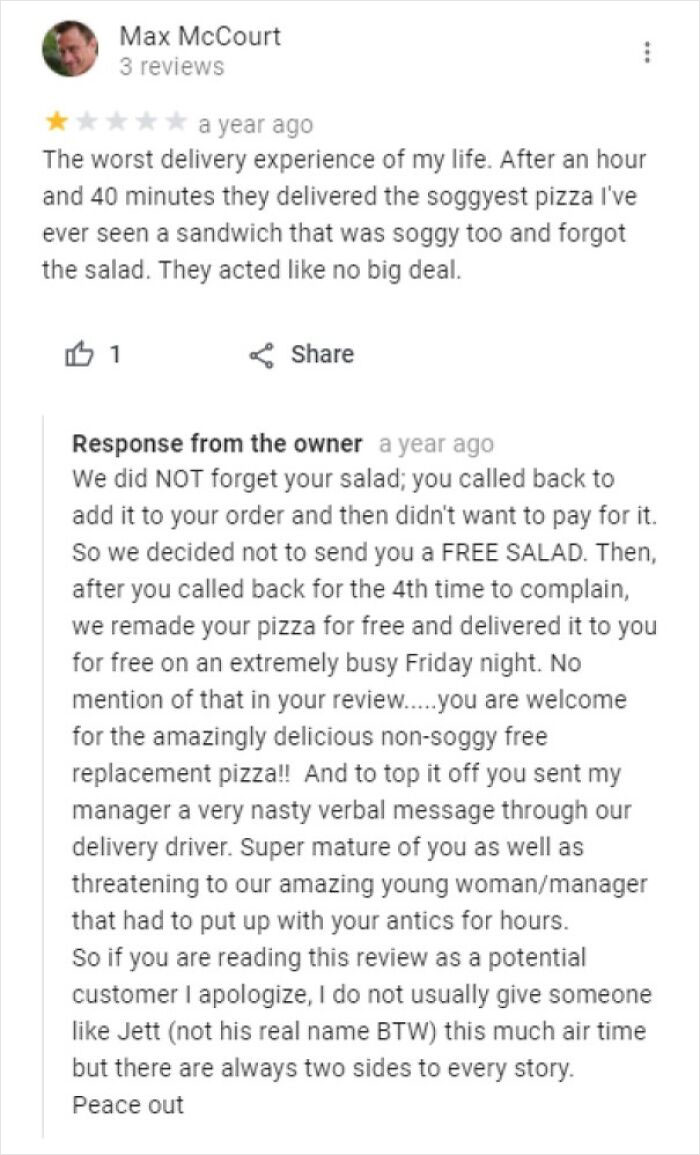 Choosing Beggar Leaves One Star Review After Getting Free Replacement Pizza But No Salad