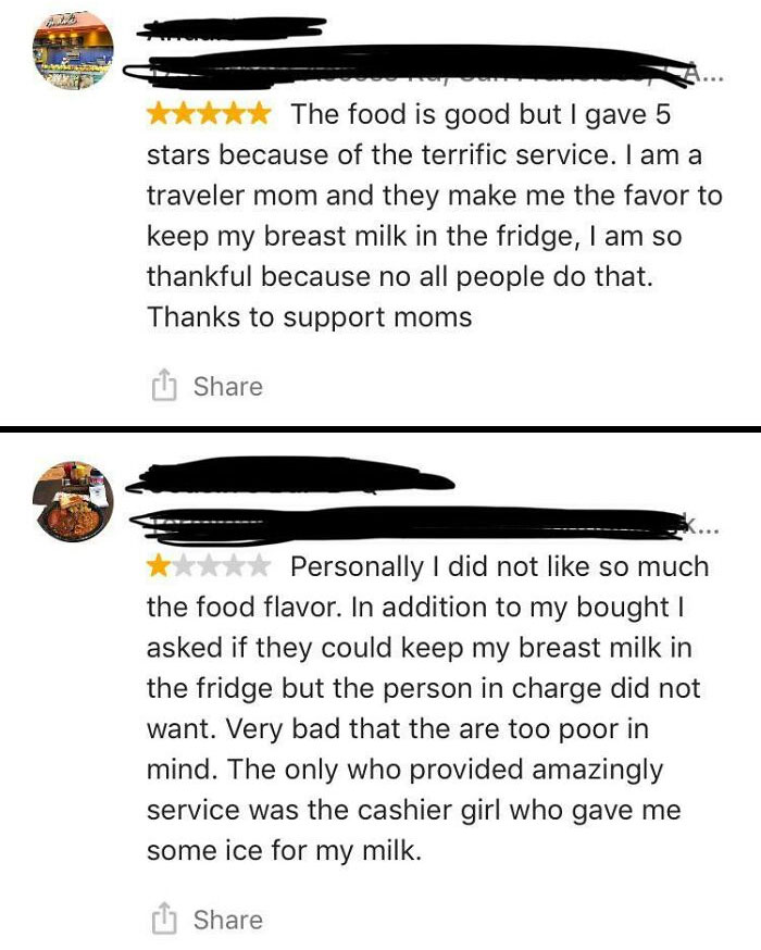 This Lady Leaving Reviews Based On Whether Or Not The Restaurant Let Her Store Her Breast Milk In Their Fridges