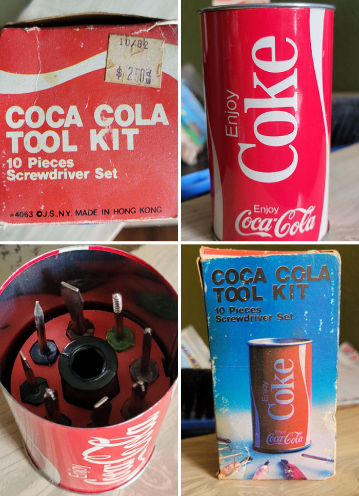 Estaba limpiando un viejo apartamento y encontré un juego de destornilladores de Coca-Cola de 1982