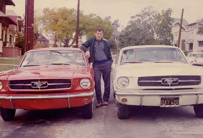 My 65 Mustang Next To My Dad's. Dad's License Plates Would Have Been Popular Now. (1965)