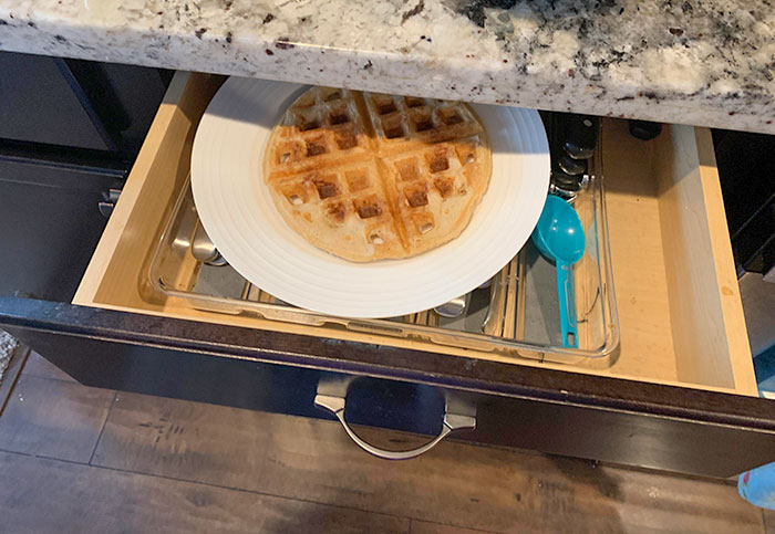 My Mom Swore She Already Made Me A Waffle, But We Couldn’t Find It. So She Made Another One And I Grabbed A Fork
