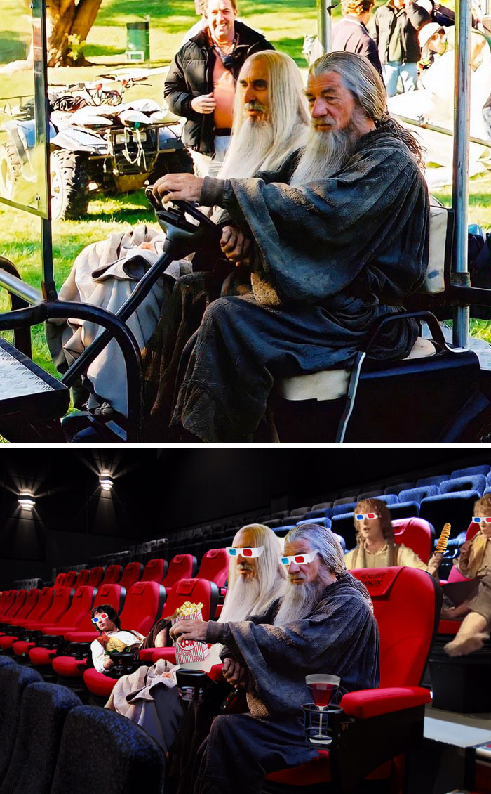 Gandalf And Saruman In A Golf Cart On The Set Of Lord Of The Rings