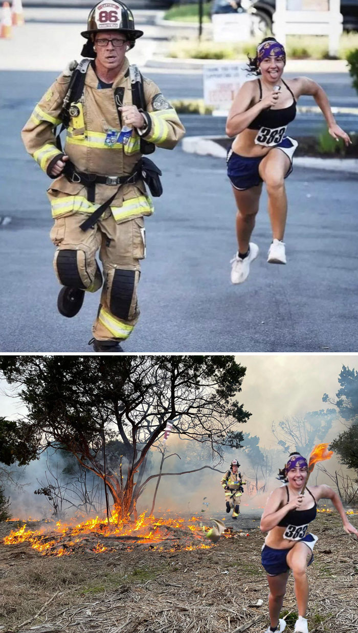 Este bombero y la corredora de maratón en la misma carrera