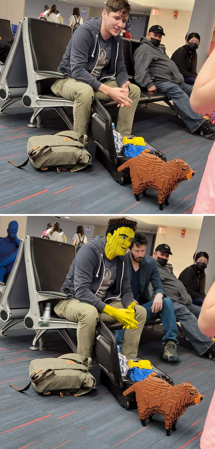 Un tipo en el aeropuerto con una marmota hecha de LEGO