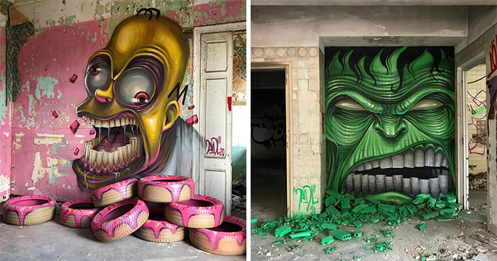 30 Graffiti Of Popular Characters With A Dark Twist Made By This Artist In Abandoned Buildings