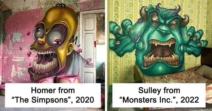 30 Graffiti Of Popular Characters With A Dark Twist Made By This Artist In Abandoned Buildings