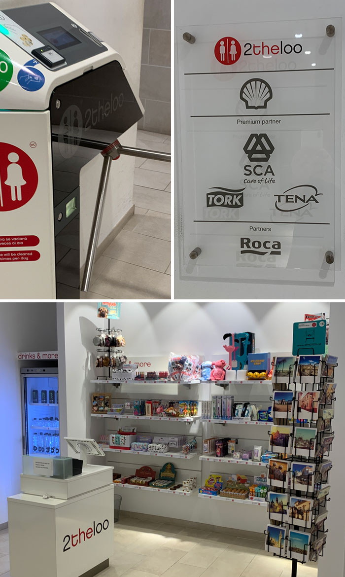 Paid Bathroom In Malaga Spain, Has "Corporate Sponsorship" And A "Gift Shop"