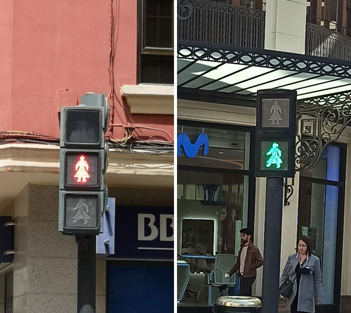 Some Of The Traffic Lights Have Traditional Clothing In Valencia, Spain