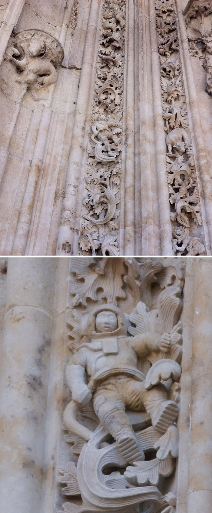 Encontramos un astronauta tallado en la entrada de esta iglesia de 900 años en Salamanca, España