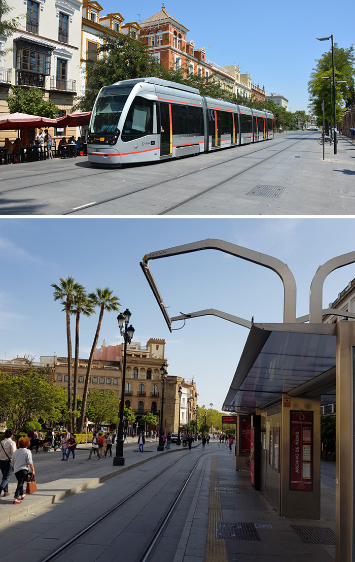 Los tranvías de Sevilla (España) tienen baterías de carga rápida, por lo que no necesitan catenarias a lo largo de la vía. Los tranvías se cargan durante unos 15 segundos en cada parada