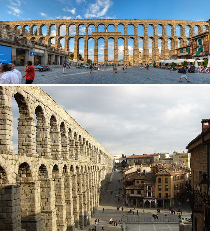 Construido en el año 112 por los romanos sin ningún tipo de argamasa ni cemento, este es el acueducto de Segovia, de 15 kilómetros de longitud, que aún funciona