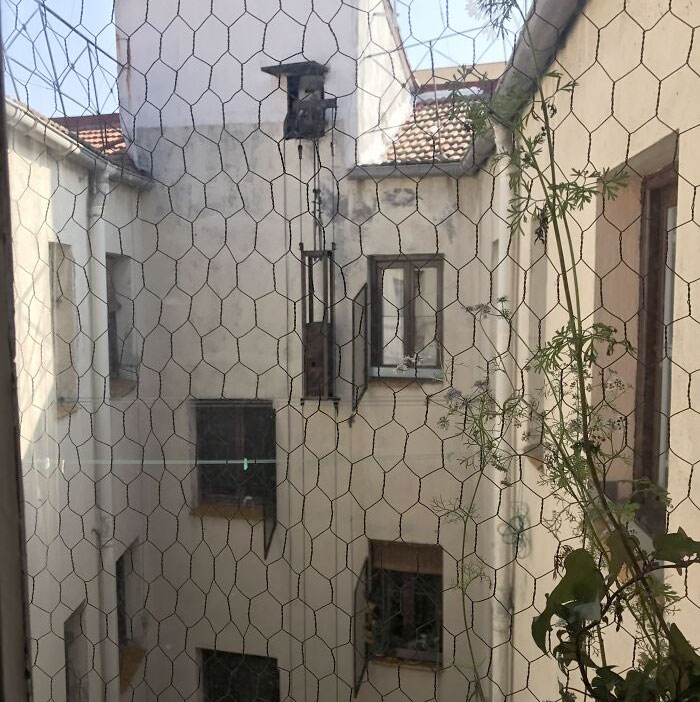 Apartment Building In Madrid. The Counterweight For The Elevator Is Outside. (Excuse The Bird Netting - My Phone Couldn't Work Out How To Focus Properly)