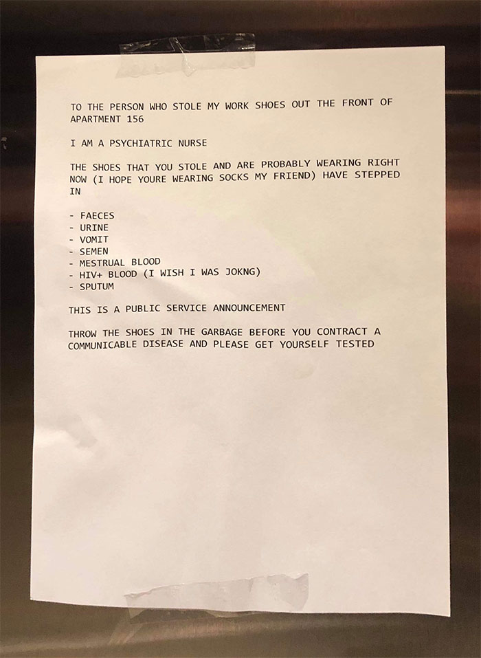 This Note Was Left In The Elevator Of My Friend’s Apartment Complex, Felt Like This Was Justice Served To The Thief In An Unconventional But Hilarious Way