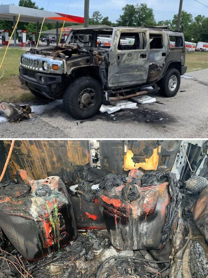 Person In Hummer Filled 5 Gas Cans Expecting Shortages. Put Them In His Car And Lit Up A Cigarette. Hummer Destroyed