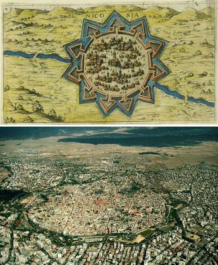 Un mapa del siglo XVI de Nicosia, Chipre, y la ciudad vista desde arriba hoy en día
