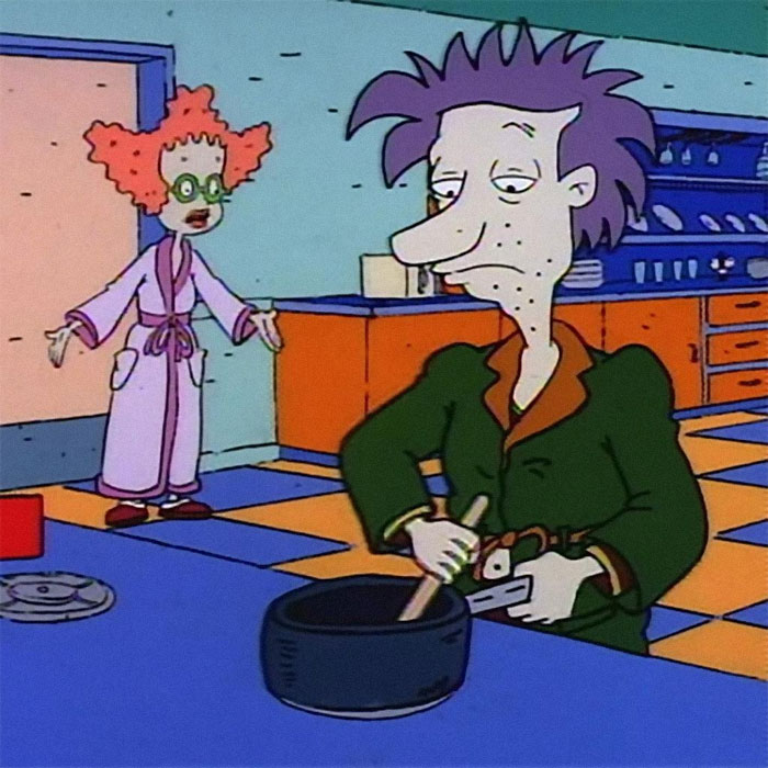 La frase más familiar de los Rugrats: "¡Son las cuatro de la mañana! ¿Por qué demonios estás haciendo pudín de chocolate?" "Porque he perdido el control de mi vida" 1993