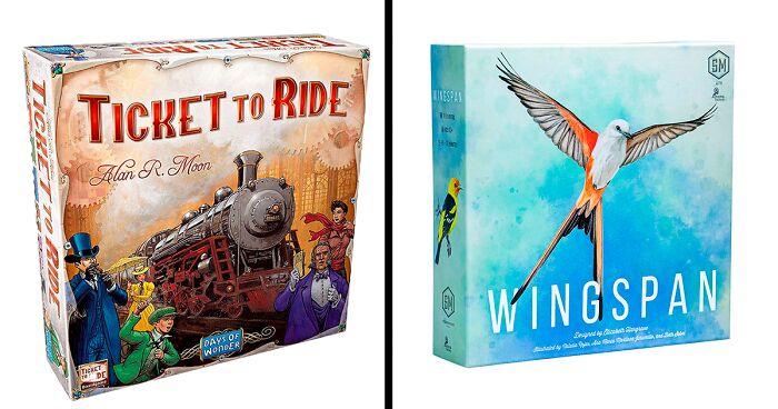 Two popular strategy board games, Ticket to Ride and Wingspan, displayed side by side on a white background.