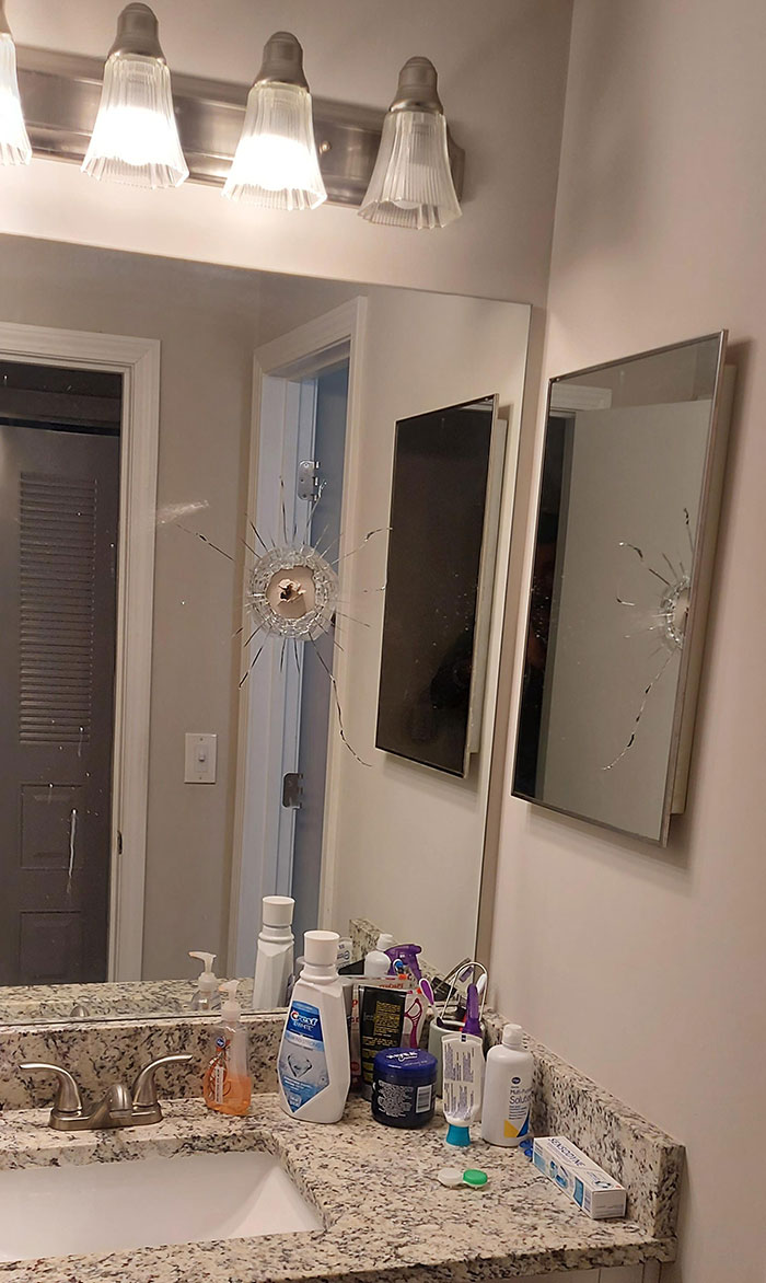 The Neighbor Had A Dispute This Morning. Resulted In A Gunshot Through Our Bathroom Mirror