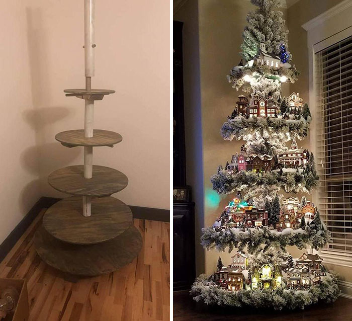 Hermoso árbol de Navidad antes y después