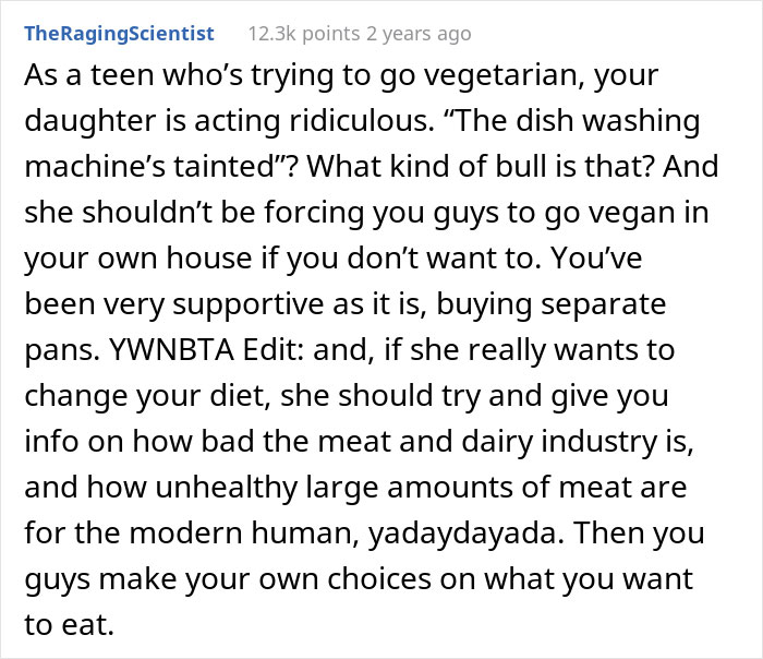 Vegan Teen Expects Everyone To Accommodate Her New Diet And Stop Eating Meat At Home, Dad Disagrees Vegan Teen Expects Everyone To Accommodate Her New Diet And Stop Eating Meat At Home, Dad Disagrees