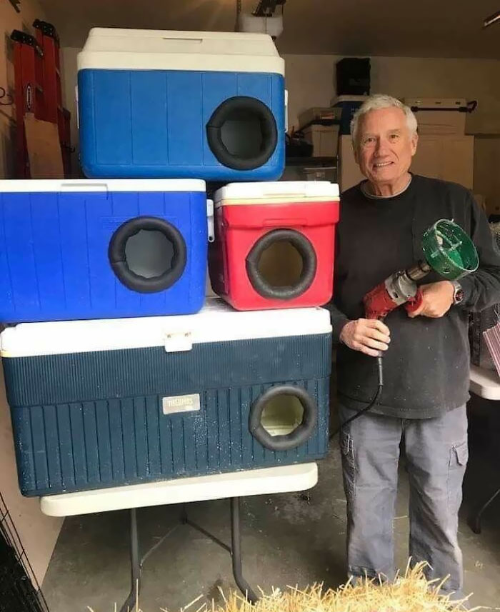 This Man Is Recycling Old Picnic Coolers Into Shelters For Stray Cats For Winter. How Very Cool Is This?