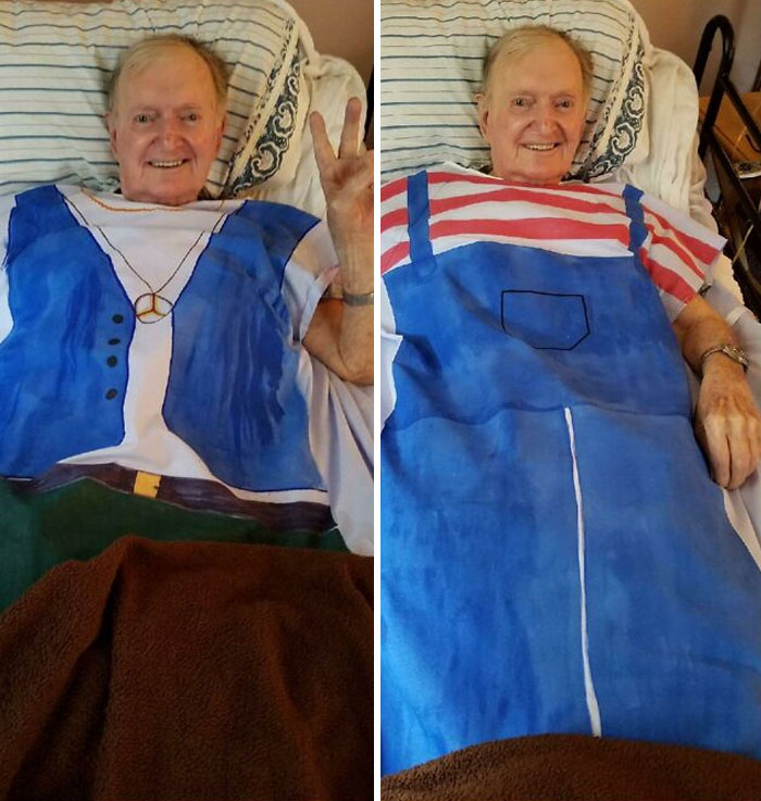 My Aunt Painted Grandpa's Hospital Gowns To Look Like He's Wearing Real Clothes, Bringing A Little Cheer To Hospice Care