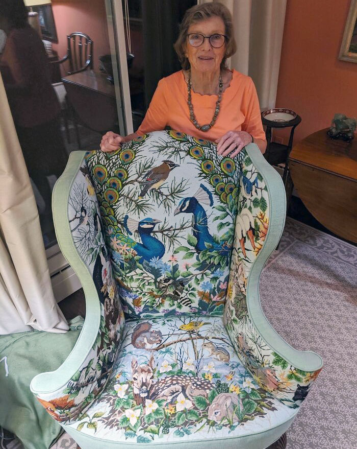 My 86-Year-Old Grandmother And Her Handmade Needle Point Chair. 25 Years In The Making And 14 Threads Per Inch. I Am Not Allowed To Sit In It