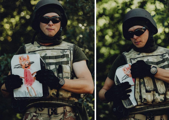 This Soldier's Body Armor Has Additional Protection. In Addition To The Armor Plates, There Is A Drawing Made By His Daughter To "Protect Dad From The Evil Russians"