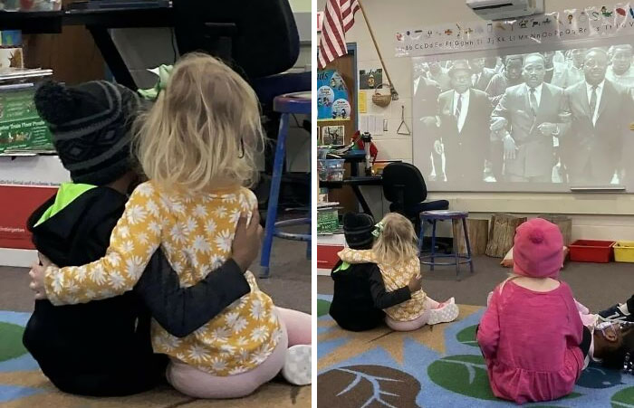 Una clase de jardín de infancia de la escuela primaria Gatewood de Minnesota estaba aprendiendo sobre el Dr. Martin Luther King Jr. Una profesora captó este precioso momento