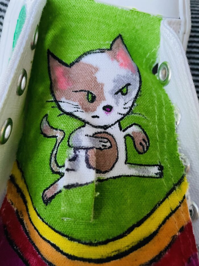 Just Recently Made My Sister A Pair Of Shoes. I Had Her Daughters, Husband, And Immediate Family Draw On White Shoes And Painted Them With Paint Pens And Sealed. Karate Kat Is My Favorite