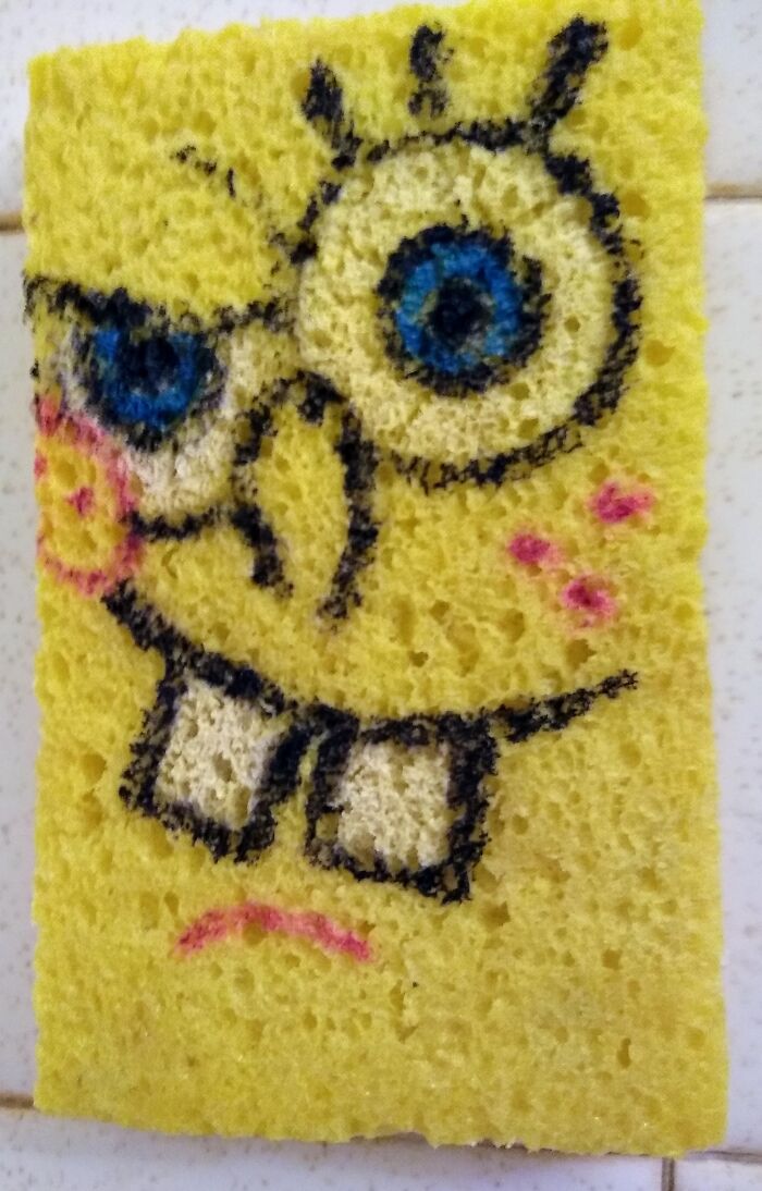 Made Spongebob Out Of A Sponge Using Oil Paint Markers