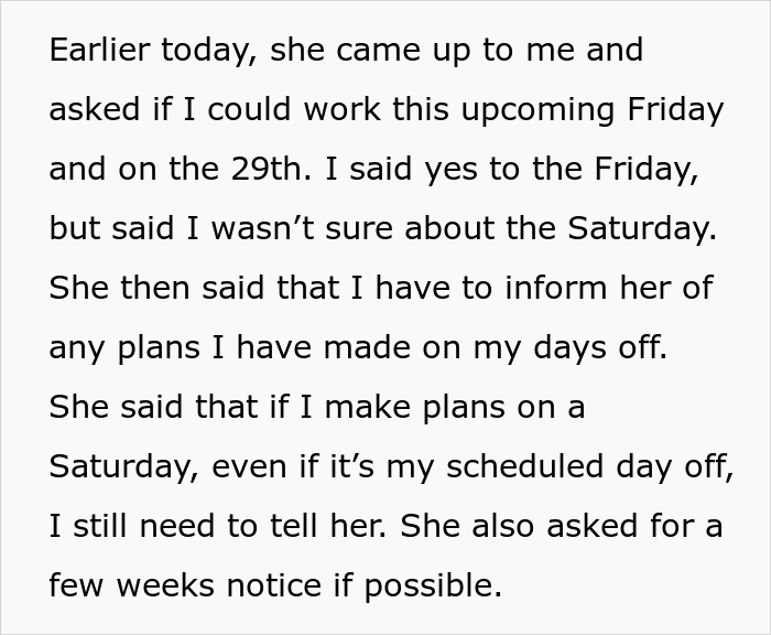“My Boss Implied That I Need Her Permission To Do Things On My Days Off” “My Boss Implied That I Need Her Permission To Do Things On My Days Off”