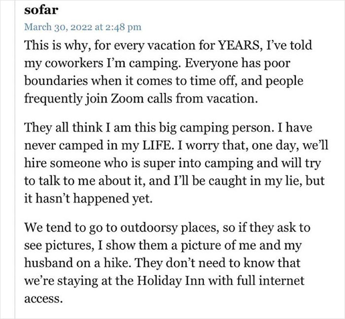Worker Says They Lie About Camping To Set Boundaries Whilst On Vacation, Prompts Others To Share Their Tricks Worker Says They Lie About Camping To Set Boundaries Whilst On Vacation, Prompts Others To Share Their Tricks