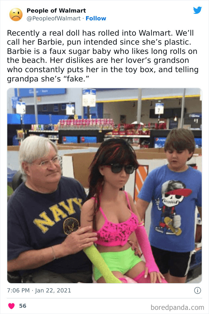 Person with fake plastic doll in Walmart