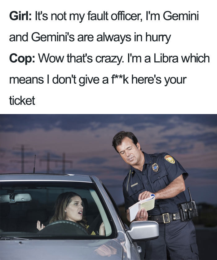 Gemini girl talking to a cop meme