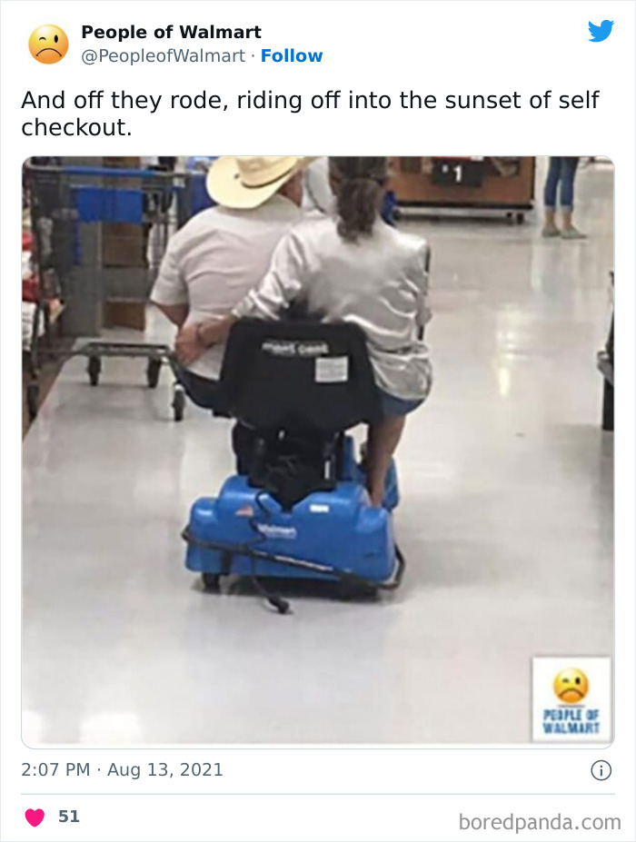 Two persons driving in Walmart