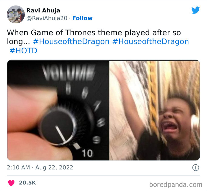 Volume k**b turned up with excited person reacting, referencing House of the Dragon meme.