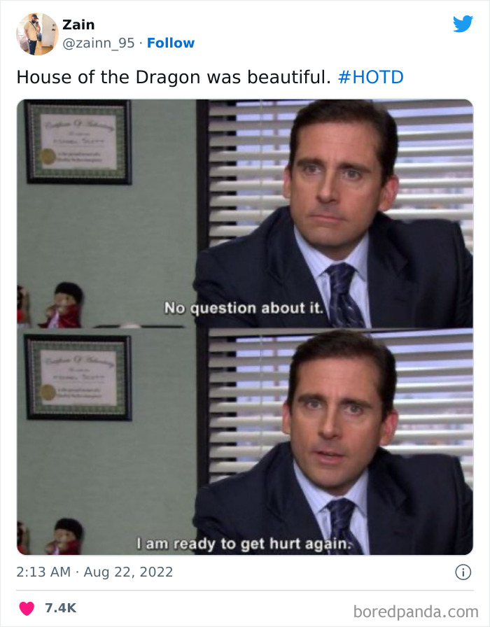 Man in a suit from a meme scene with text: "No question about it. I am ready to get hurt again," referencing House Of The Dragon.