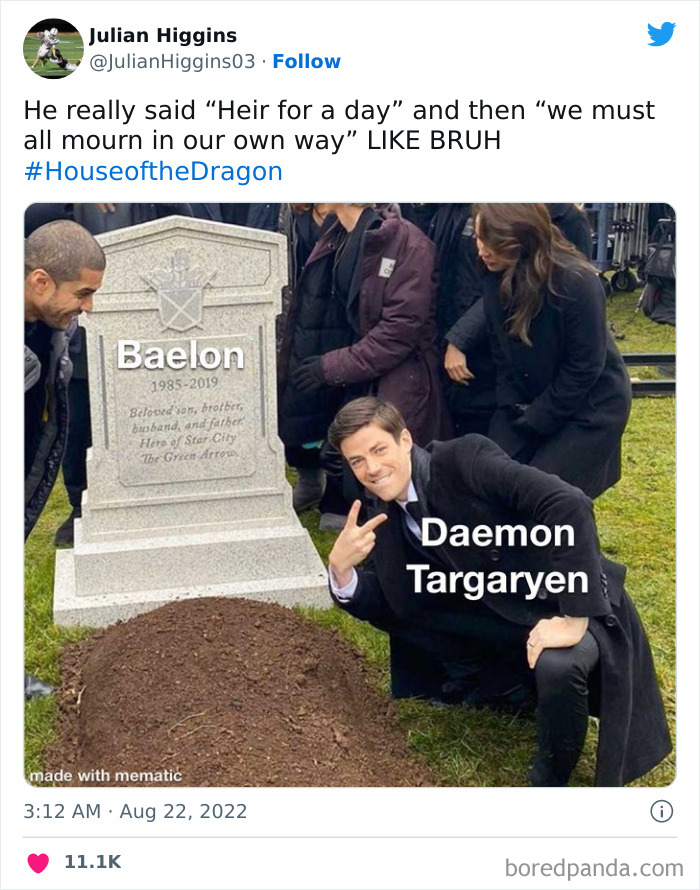 Man posing with peace sign next to a tombstone labeled "Baelon," referencing a humorous House of the Dragon meme.