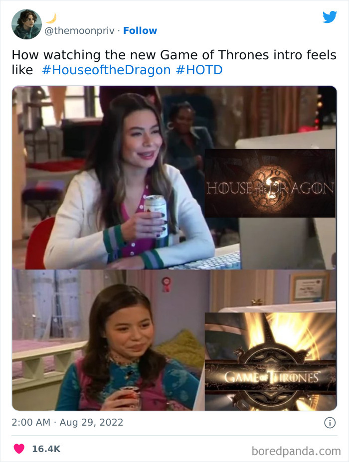 A meme comparing excited reactions to House of the Dragon and Game of Thrones intros.