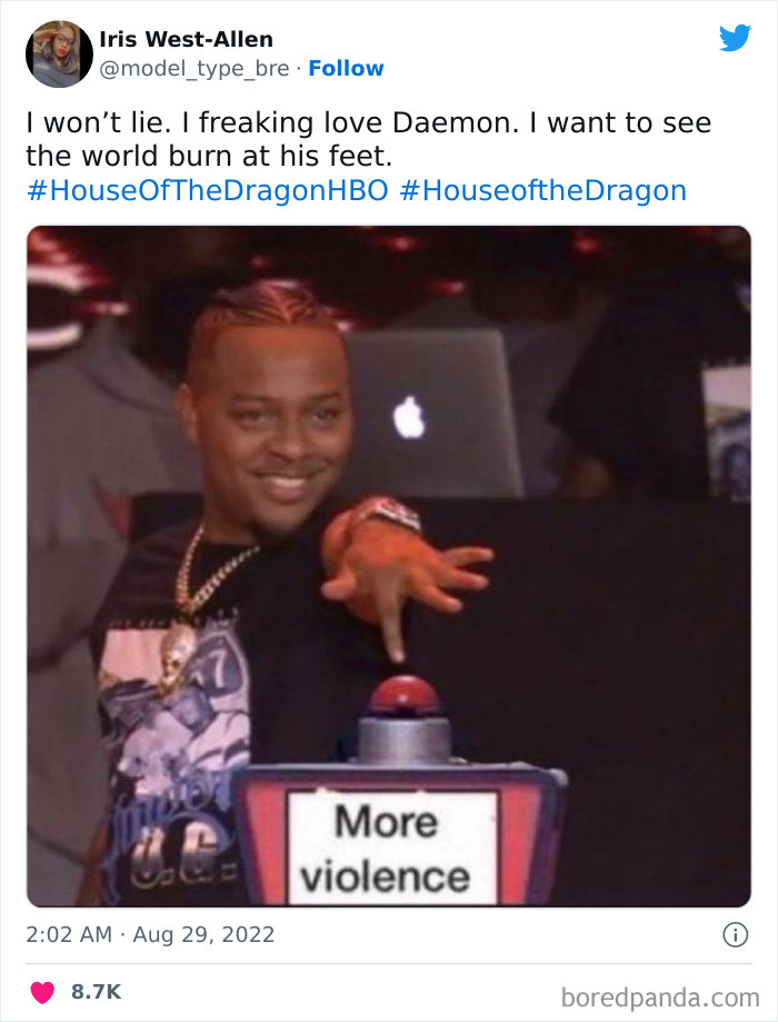 Man smiling as he presses a button labeled "More Violence," referencing House Of The Dragon memes.