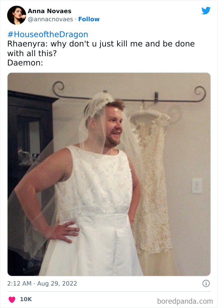 Man humorously dressed in a wedding gown with text referencing House of the Dragon meme.