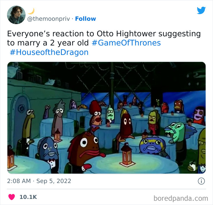 SpongeBob fish characters look shocked; meme about House of the Dragon's Otto Hightower.