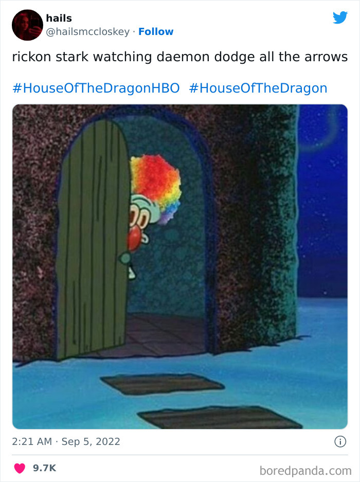 Clown peeking through a door with the text about Daemon dodging arrows, referencing House of the Dragon meme.