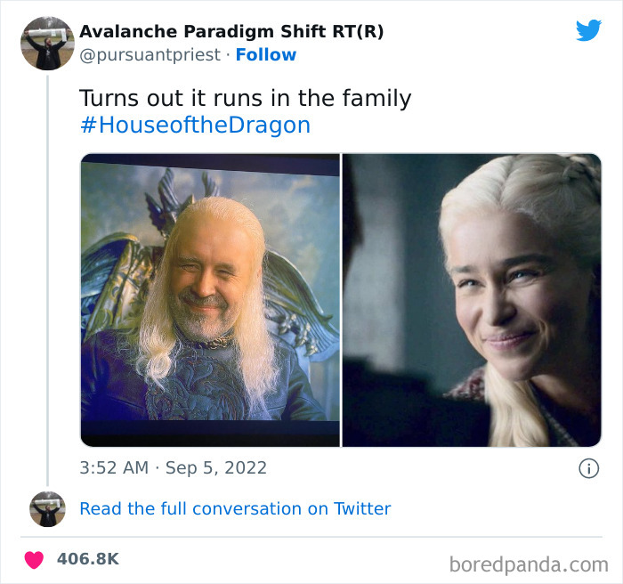 House of the Dragon meme showing two smiling characters in a humorous family resemblance comparison.