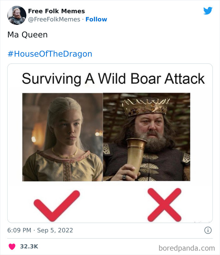 Characters from House Of The Dragon in a meme about surviving a wild boar attack, with check and cross symbols.
