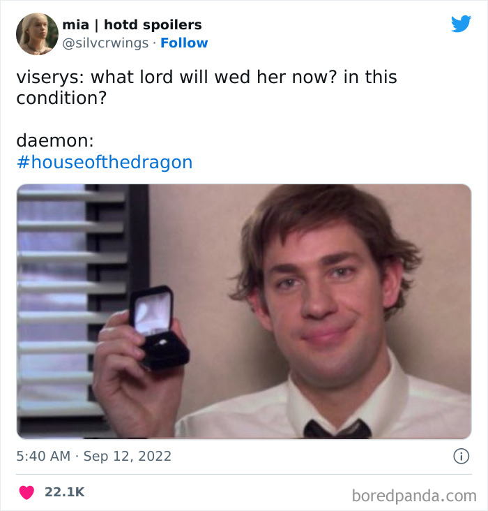 Man holding a ring box with a humorous caption referencing "House of the Dragon."