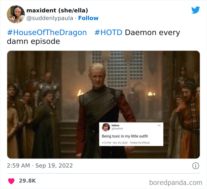 House of the Dragon meme with Daemon captioned "Being toxic in my little outfit," posted by maxident on social media.