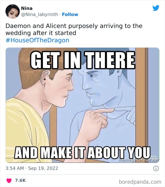 A comic-style meme about House Of The Dragon with text: "Get in there and make it about you."