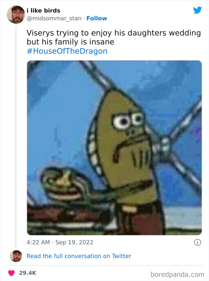 House Of The Dragon meme with a cartoon character looking surprised, referencing a chaotic family wedding.